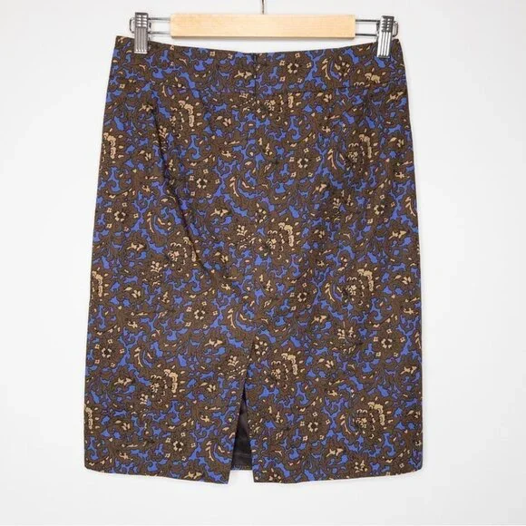 J Crew Womens Size 2 Pencil Skirt Blue Brown Print Cotton Slit Mini Wear to Work - Picture 2 of 8